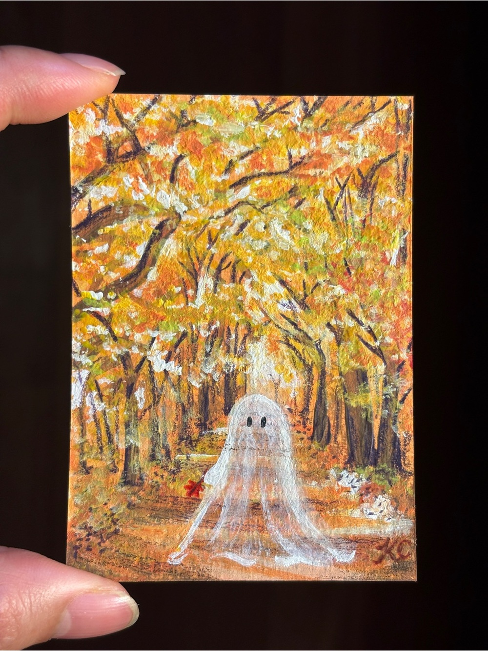 ACEO Original Cute Spooky Boo-tiful Fall Foliage Autumn Leaves - PaperTrailbyKC